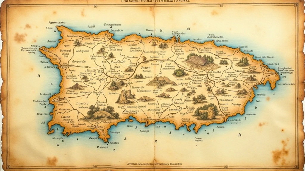 Mapa antiguo de Puerto Rico del siglo XVIII mostrando regiones cafetaleras y rutas comerciales históricas