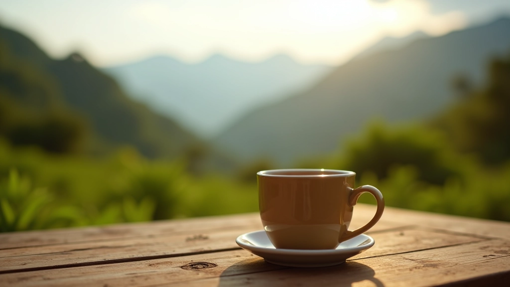 Taza de café artesanal con vista a las montañas