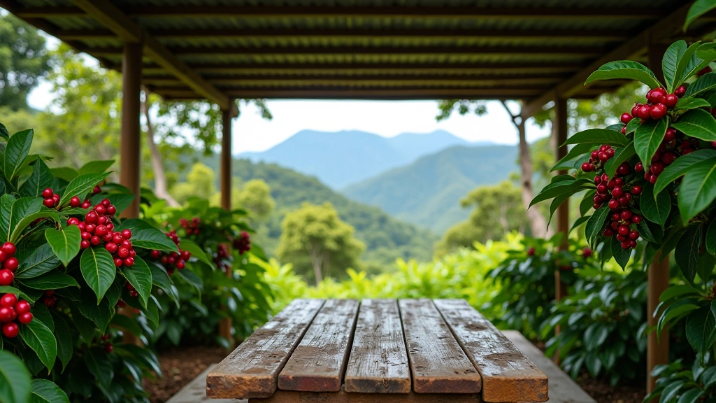 Plantas de café con frutos rojos maduros en primer plano, pequeña mesa de madera rústica bajo techo de zinc, montañas verdes al fondo