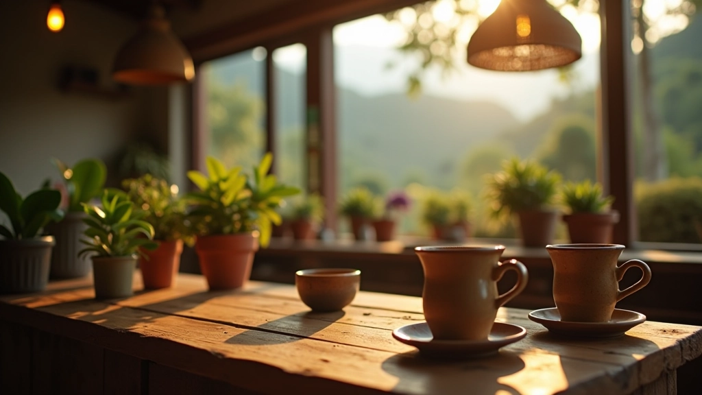 Interior acogedor de cafetería local con tazas de cerámica artesanal, plantas verdes y luz natural desde ventanas hacia las montañas