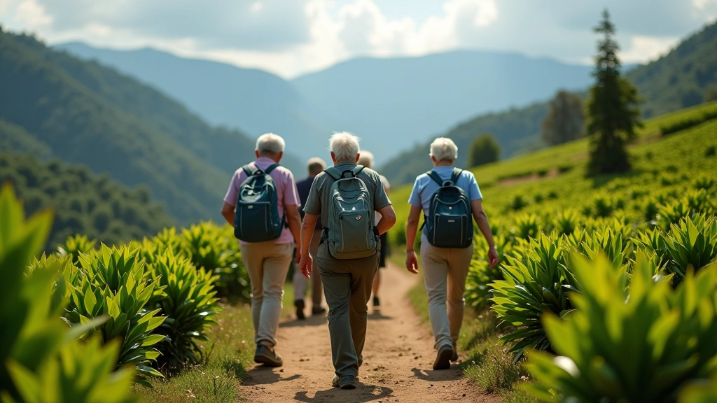 Grupo de personas mayores disfrutando de una caminata en sendero accesible con vistas de las montañas