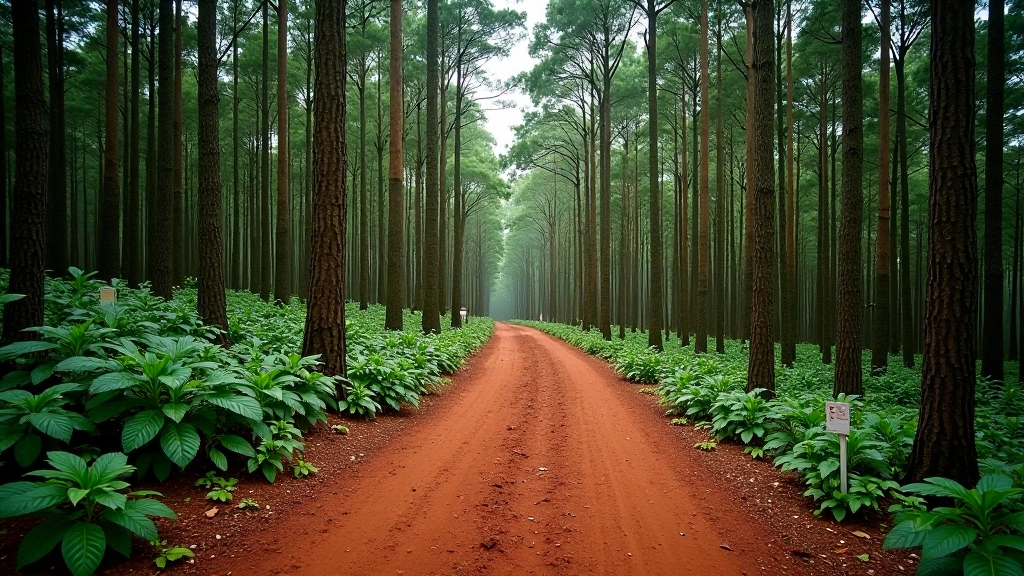 Sendero de tierra roja rodeado de árboles altos y frondosos en el bosque estatal, camino claramente marcado con marcas blancas