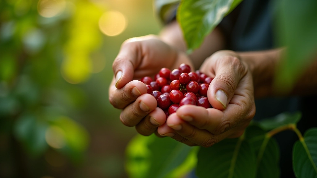 Manos cosechando granos de café rojo en una plantación