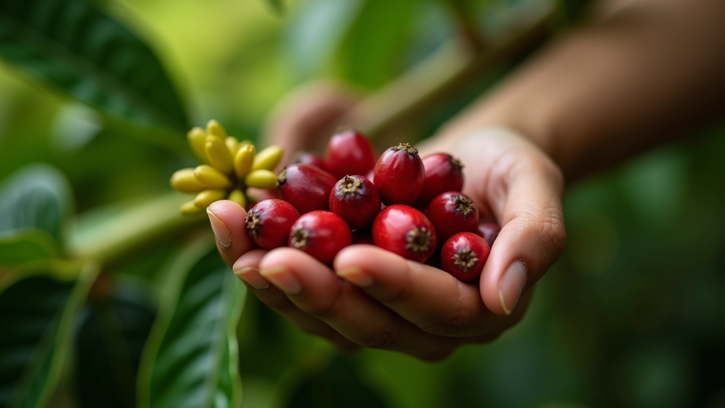 Manos cosechando café rojo
