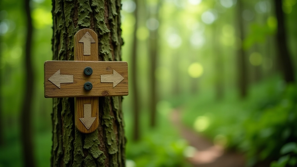 Señalización de sendero con flecha verde en árbol en bosque de café