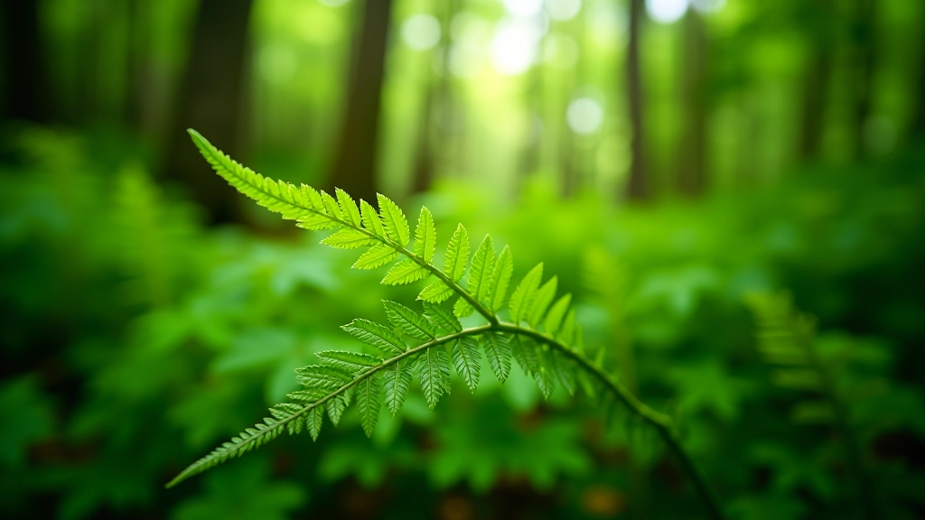 Planta de helecho gigante con frondas verdes brillantes en primer plano, luz solar filtrada a través del dosel del bosque