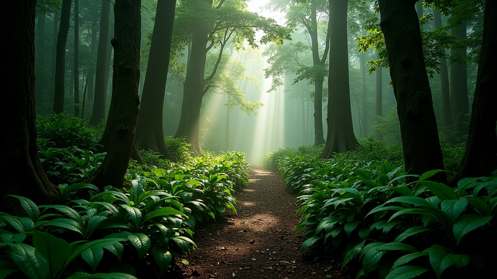 Bosque húmedo con árboles altos, helechos y vegetación exuberante