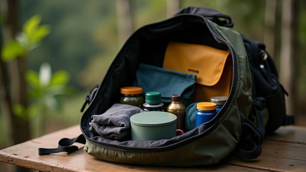 Mochila de senderismo abierta mostrando artículos empacados ordenadamente en escritorio de madera