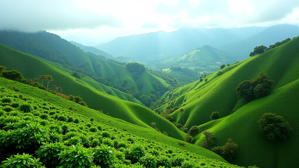 Montañas verdes con plantaciones de café en Puerto Rico, vista panorámica de los cerros de Lares y Maricao