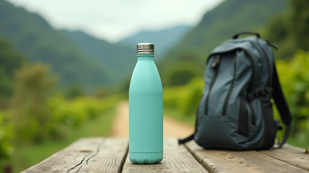 Botella de agua reutilizable de color azul junto a una mochila deportiva en terraza de montaña