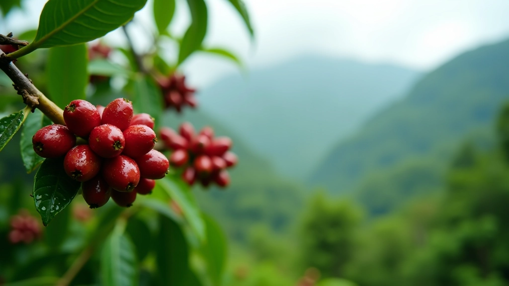 Granos de café rojo maduro en rama de arbusto de café, hojas verdes alrededor, lluvia reciente sobre las hojas, montañas nubladas al fondo