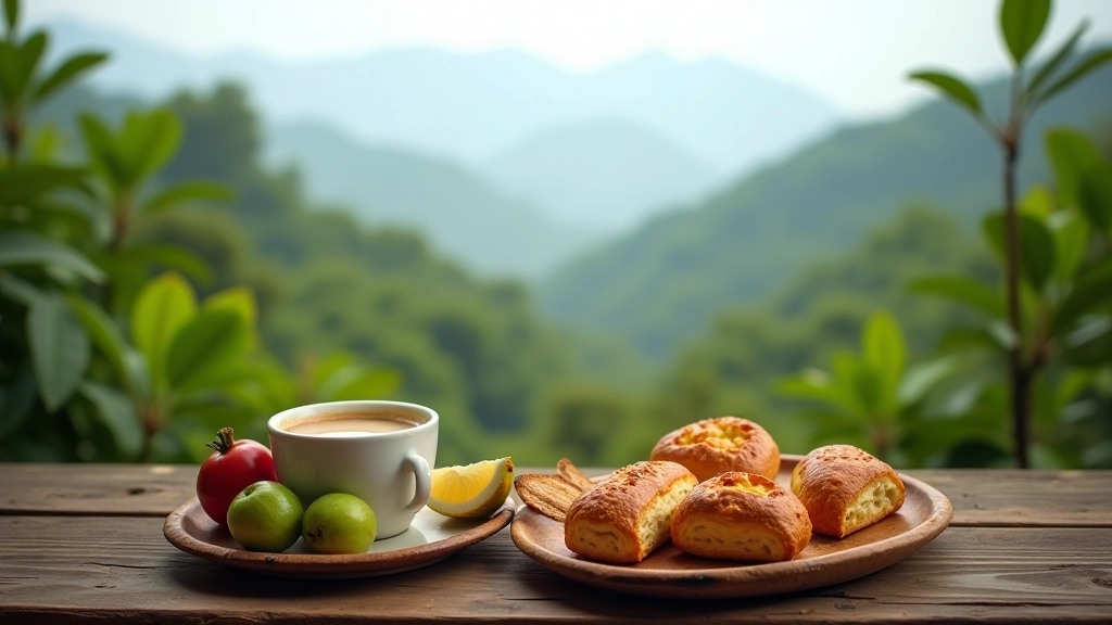 Mesa rústica con café, pastelitos locales y vista a las montañas