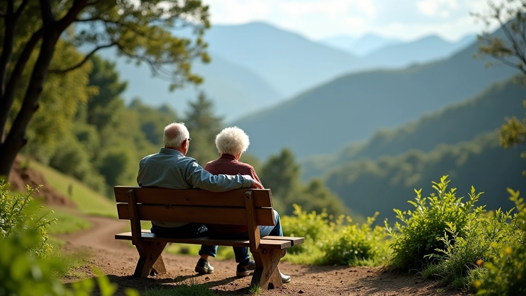 Pareja de adultos mayores descansando en banco de madera dentro de sendero boscoso con vistas de montaña