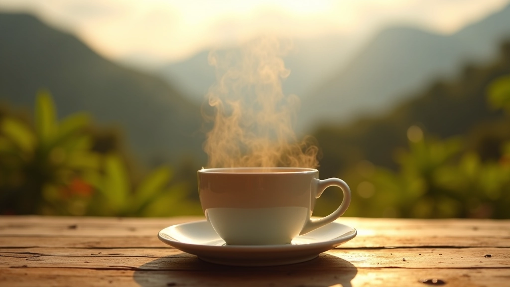 Taza de café fresco en mesa de madera rústica con vista a montañas verdes de fondo