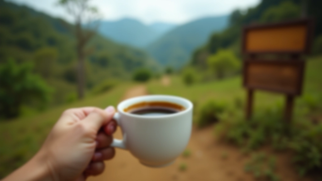Mano sosteniendo taza de café blanca con líquido marrón oscuro, de fondo desenfocado se ven montañas verdes y un cartel de madera artesanal