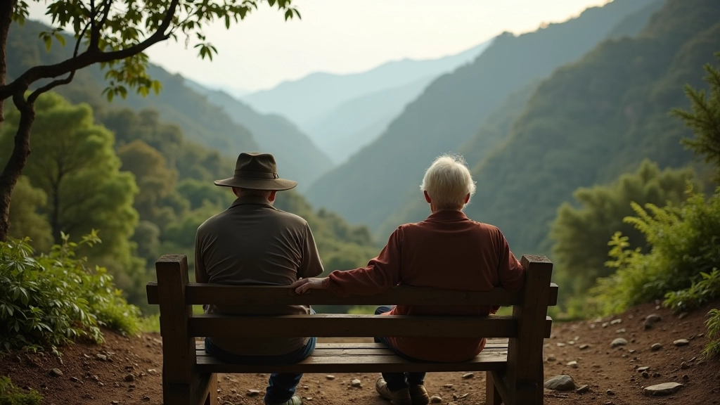 Dos caminantes descansando en un banco de madera en el bosque, mirando hacia el valle con montañas en la distancia, luz de mañana