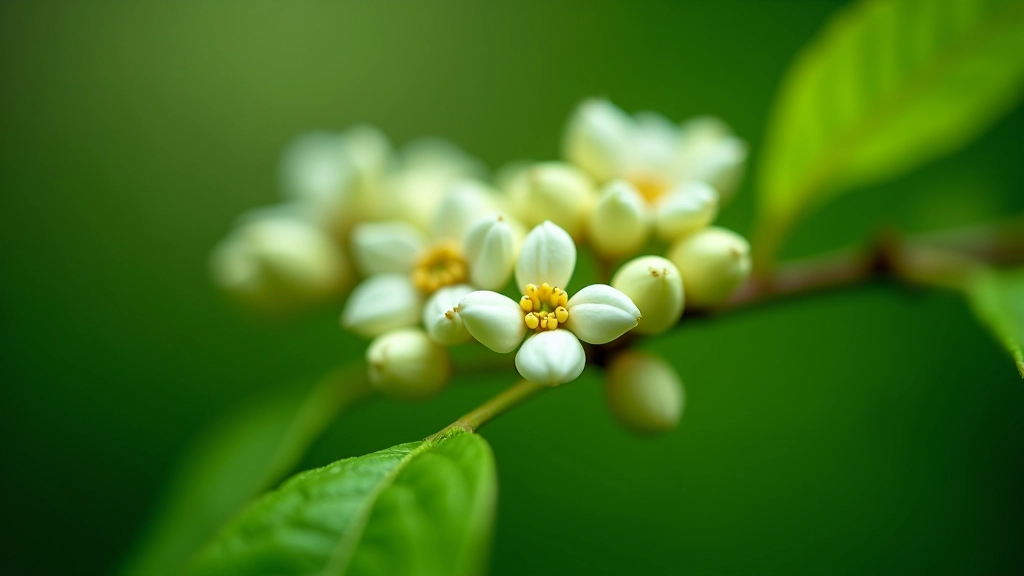 Flores blancas de café en rama con hojas verdes en primer plano