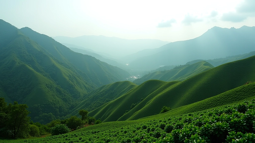 Vista panorámica de montañas verdes con plantaciones de café en las laderas de Lares